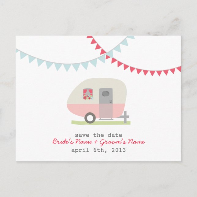 Carte Postale Faire-part Pink Retro Trailer Wedding Enregistrer La Date Car (Devant)