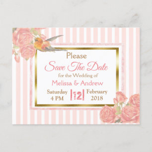 Carte Postale Faire-part PInk Vintage Bird Floral Wedding Enregistrer la da