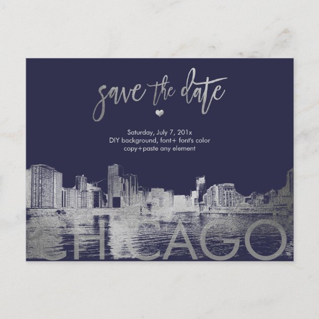 Carte Postale Faire-part PixDezines/Chicago Enregistrer la date/Faux Silver (Devant)