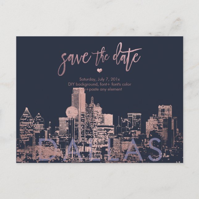 Carte Postale Faire-part PixDezines/Dallas Save the Date/Faux Rose Gold (Devant)