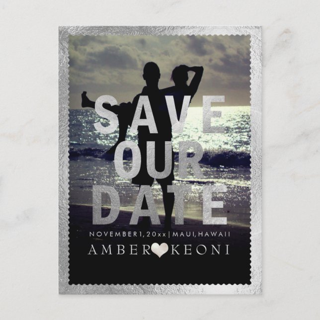 Carte Postale Faire-part PixDezines Faux Silver Enregistrer la date/le coeu (Devant)