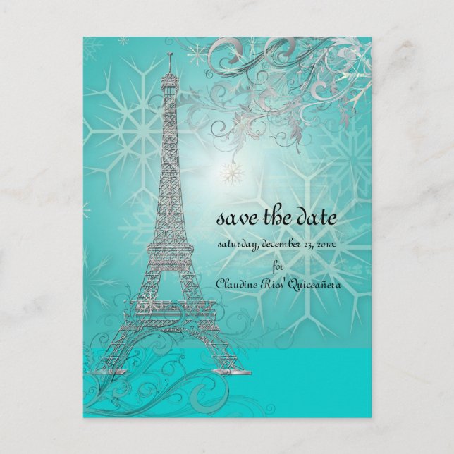 Carte Postale Faire-part PixDezines Faux Silver Tour Eiffel/Turquoise (Devant)