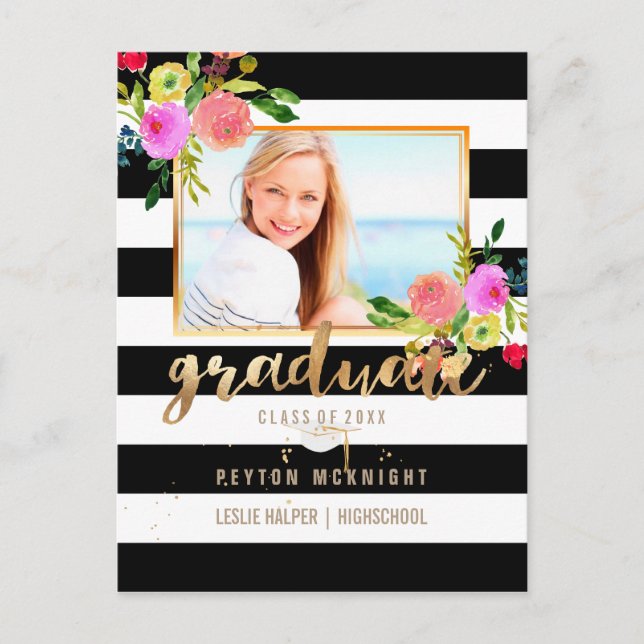 Carte Postale Faire-part PixDezines Graduation/Aquarelle Florale/Rayures (Devant)