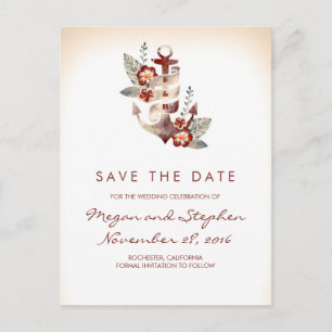 Carte Postale Faire-part Plage - Ancre florale nautique Enregistrer la date
