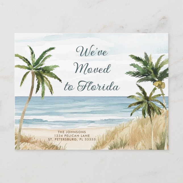 Carte Postale Faire-part Plage aux Palmiers Tropicaux Nouvelle Adresse (Devant)