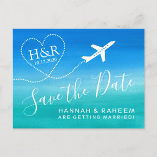 Carte Postale Faire-part Plage Mariage Turquoise Blue Ombre Enregistrer la