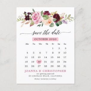 Carte Postale Faire-part Plum Blush Pink Floral Calendar Enregistrer la dat