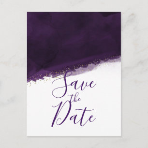 Carte Postale Faire-part Plum Purple Aquarelle & Or Moderne Enregistrer la 