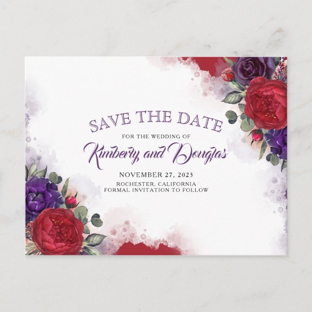Carte Postale Faire-part Plum Purple et Bourgogne Rouge Floral Enregistrer  (Devant)