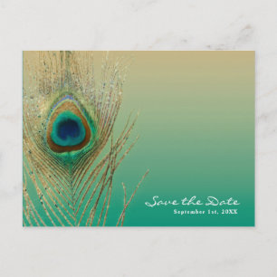 Carte Postale Faire-part Plume de paon Sable et sarcelle Boho Enregistrer l