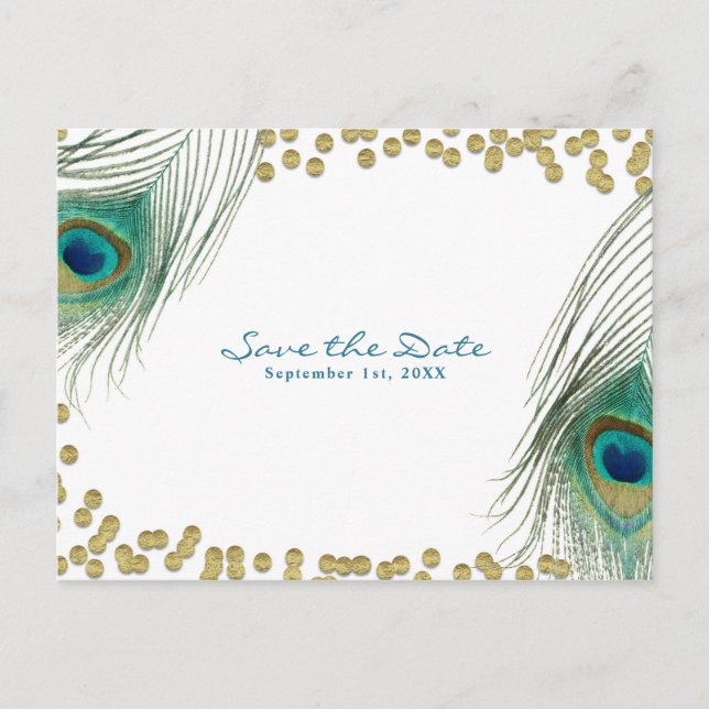 Carte Postale Faire-part Plumes de paon & Or Boho Glam Enregistrer la date (Devant)