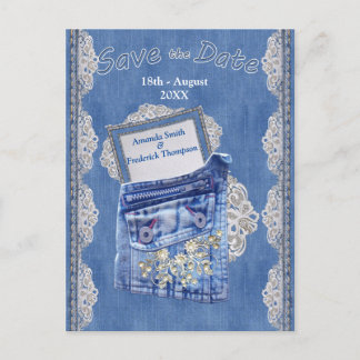 Carte Postale Faire-part Poche Denim avec dentelle de fleur de crème