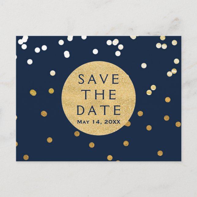 Carte Postale Faire-part Points Confetti Bleu & Or brillants Enregistrer La (Devant)