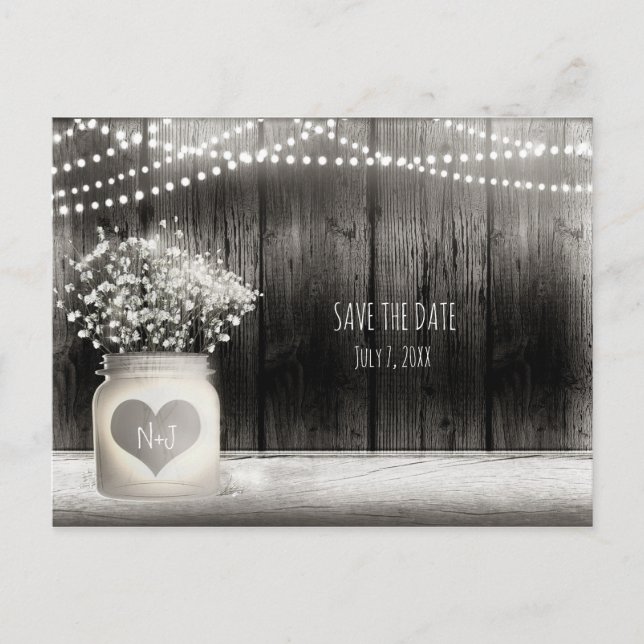Carte Postale Faire-part Pot Mason Jar & Baby's Breath Rustique Économisez  (Devant)