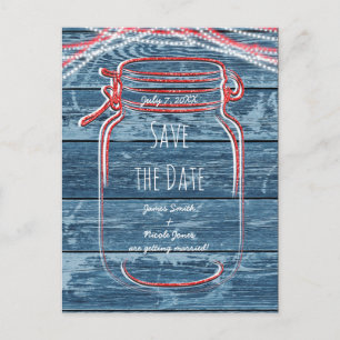 Carte Postale Faire-part Pot Mason Jar Rouge Blanc & Bleu & Lumières Enregi