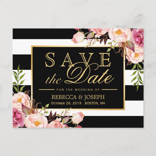 Carte Postale Faire-part (pour USPS) Gold Floral Black Stripes Enregistrer  (Devant)