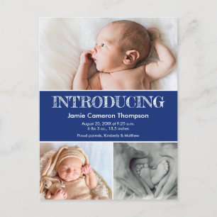 Carte Postale Faire-part Présentation de photos de bébé bleu marine Naissan