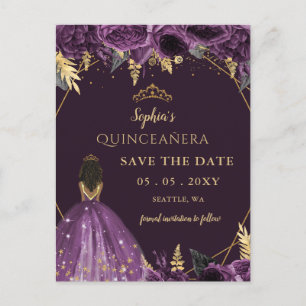 Carte Postale Faire-part Princesse Tan Or Violet Floral Quinceañera