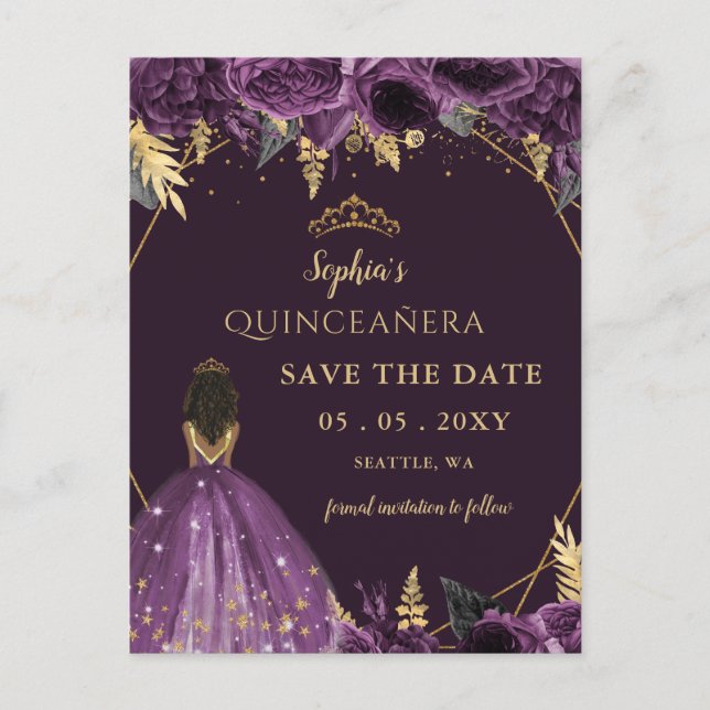 Carte Postale Faire-part Princesse Tan Or Violet Floral Quinceañera (Devant)