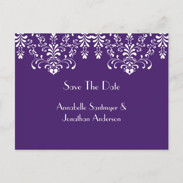 Carte Postale Faire-part Purple avec Flore Blanche Sauver La Date (Devant)