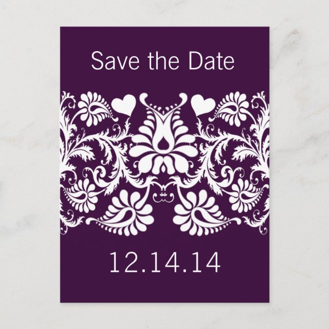 Carte Postale Faire-part Purple Damask Enregistrer la date (Devant)