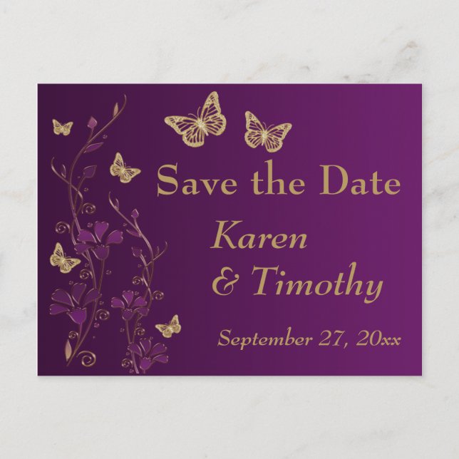 Carte Postale Faire-part Purple, Gold Floral, Papillons Enregistrer la date (Devant)