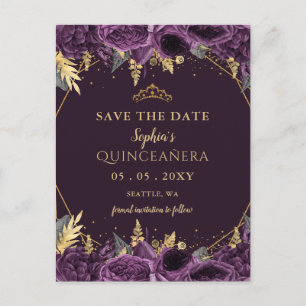 Carte Postale Faire-part Purple Gold Floral Quinceañera Enregistrer la date