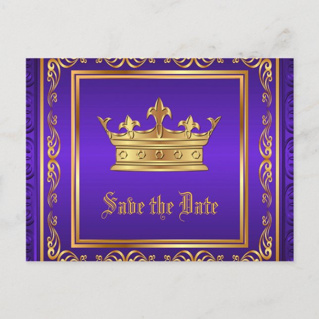 Carte Postale Faire-part Purple Gold Royal Crown Enregistrer la date (Devant)