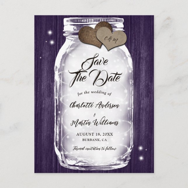 Carte Postale Faire-part Purple Russe Mason Jar String Lumières Mariage en  (Devant)