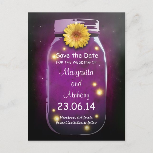 Carte Postale Faire-part Purple Rustic Whimsical Mason Jar Enregistrer la d (Devant)