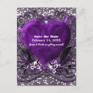 Carte Postale Faire-part Purple & Silver Heart Sparkle Enregistrer La Date 