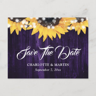 Carte Postale Faire-part Purple Sunflower Wood Lumières Mariage Enregistrer