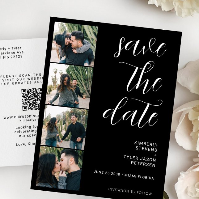Carte Postale Faire-part QR CODE moderne 4 photos noir mariage (Créateur téléchargé)