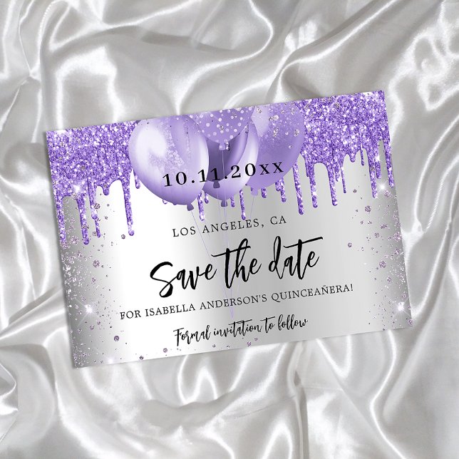 Carte Postale Faire-part Quinceanera argent violet ballons enregistrer la d (Créateur téléchargé)