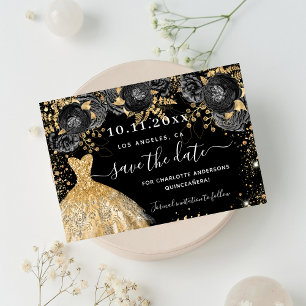 Carte Postale Faire-part Quinceanera noir robe florale d'or enregistrer la