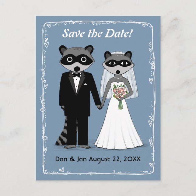 Carte Postale Faire-part Raccoons Mariage Enregistrer la date Bleu (Devant)