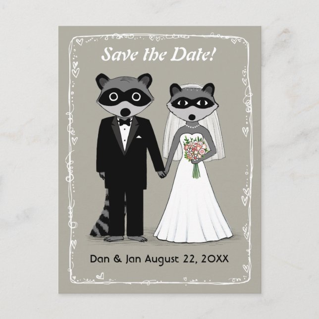 Carte Postale Faire-part Raccoons Mariage Enregistrer la date (gris chaud) (Devant)
