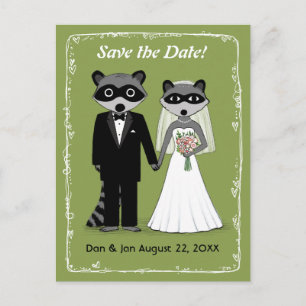 Carte Postale Faire-part Raccoons Mariage Enregistrer la date Vert