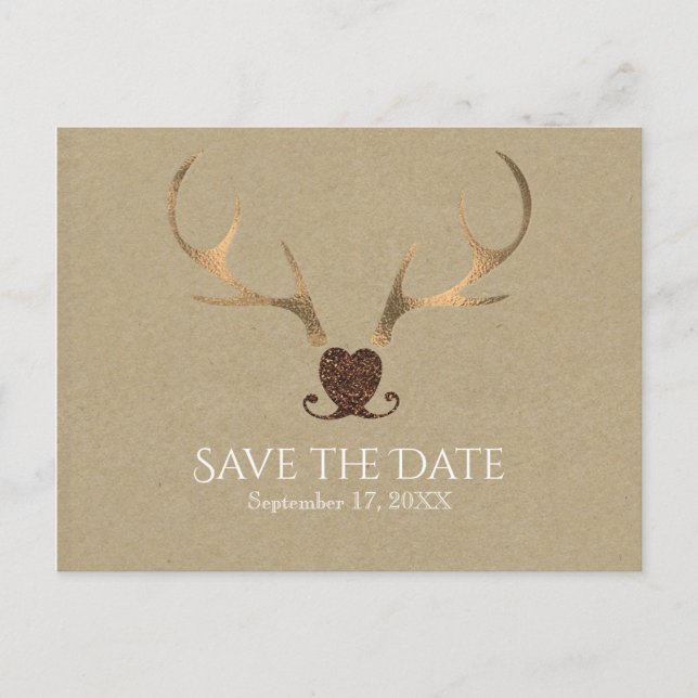 Carte Postale Faire-part Ramures dorées & Papier kraft Save The Date (Devant)