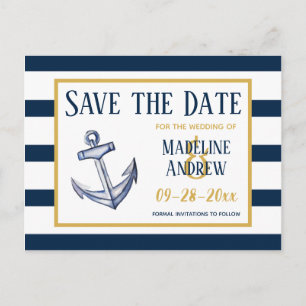 Carte Postale Faire-part Rayures nautiques et ancre marine Enregistrez la d