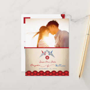 Carte Postale Faire-part Red Blue Papier Grues Asiatique Mariage Enregistre