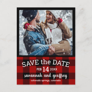 Carte Postale Faire-part Red Buffalo Plaid Photo Wedding Enregistrer la dat
