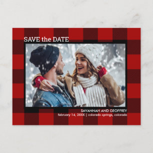 Carte Postale Faire-part Red Buffalo Plaid Photo Wedding Enregistrer la dat