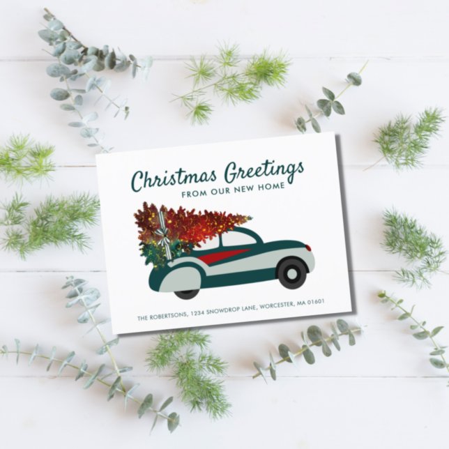 Carte Postale Faire-part Red Green Voiture Noël Arbre de vacances Déménagem (Créateur téléchargé)