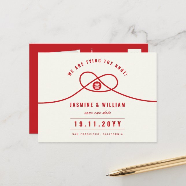Carte Postale Faire-part Red Knot Double Xi Mariage Chinois Enregistrer La  (Devant/Arrière en situation)