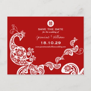 Carte Postale Faire-part Red Peacock Double Bonheur Chinois Enregistrer La