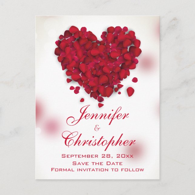 Carte Postale Faire-part Red Rose Petals Love Heart Enregistrer la date (Devant)