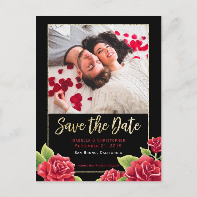 Carte Postale Faire-part Red Roses Black & Gold Parties scintillant Enregis (Devant)