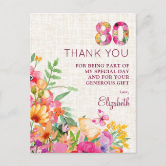 Carte Postale Faire-part Remerciement 80e Anniversaire Élégant Lin