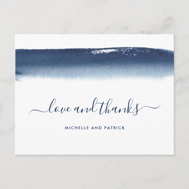 Carte Postale Faire-part Remerciement de mariage à l'aquarelle bleue marine (Devant)